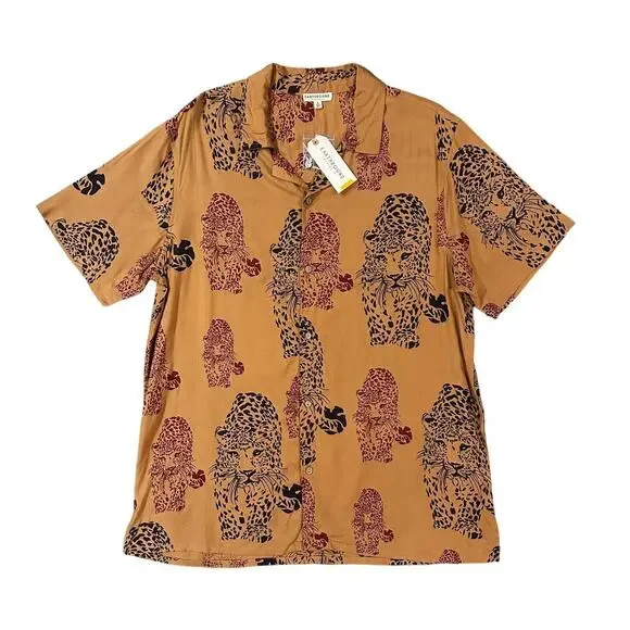 Earthbound Trading Co Short Sleeve Button Down Brown Leopard Shirt Size Large - Picture 1 of 12